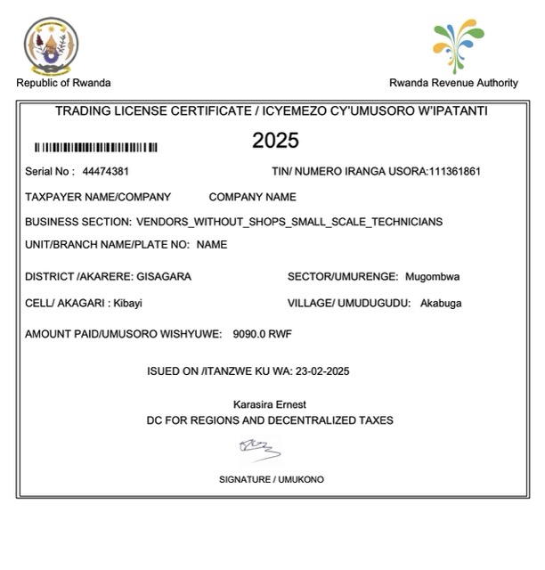 Rwanda trading license certificate Word and PDF template
